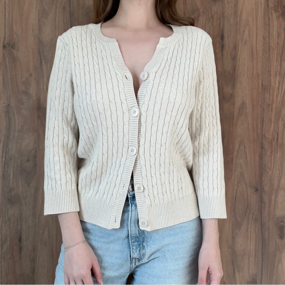 100% Cotton Light Cream Beige Cable Knit Button Cardigan Old Money Sweater M